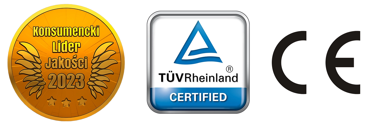Konsumencki Lider Jakości 2023, TUVRheinland Certified, CE